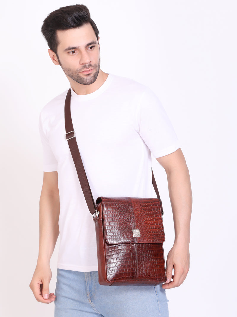 Unisex Genuine Leather - Messenger Bag , Croco Embossed Two Tone Effect Leather