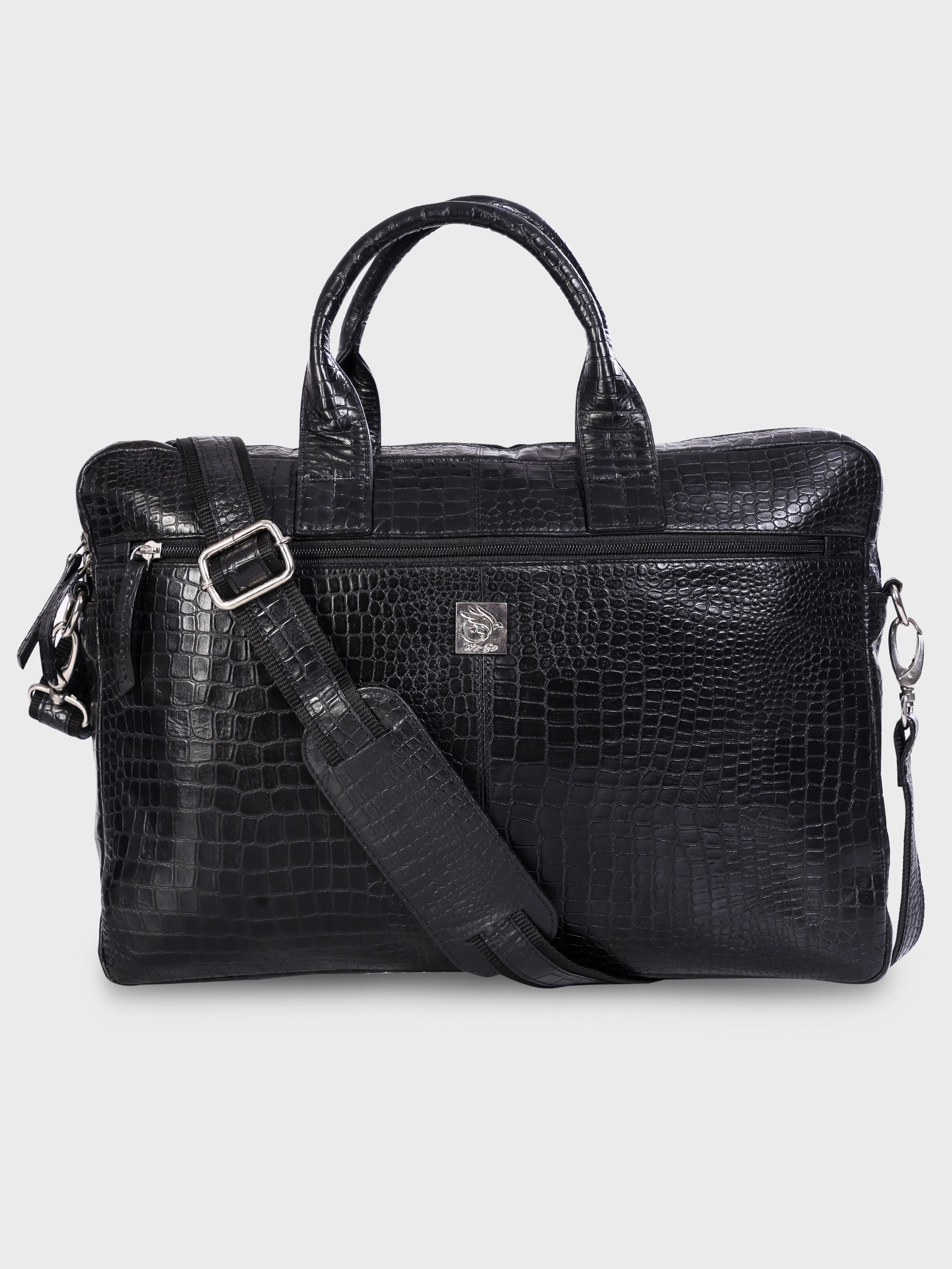 Genuine Leather Office Bag - Crocodile Embossed Print Leather Portfolio , With Adjustable Shoulder Strap , Can Accommodate 15 " Laptop