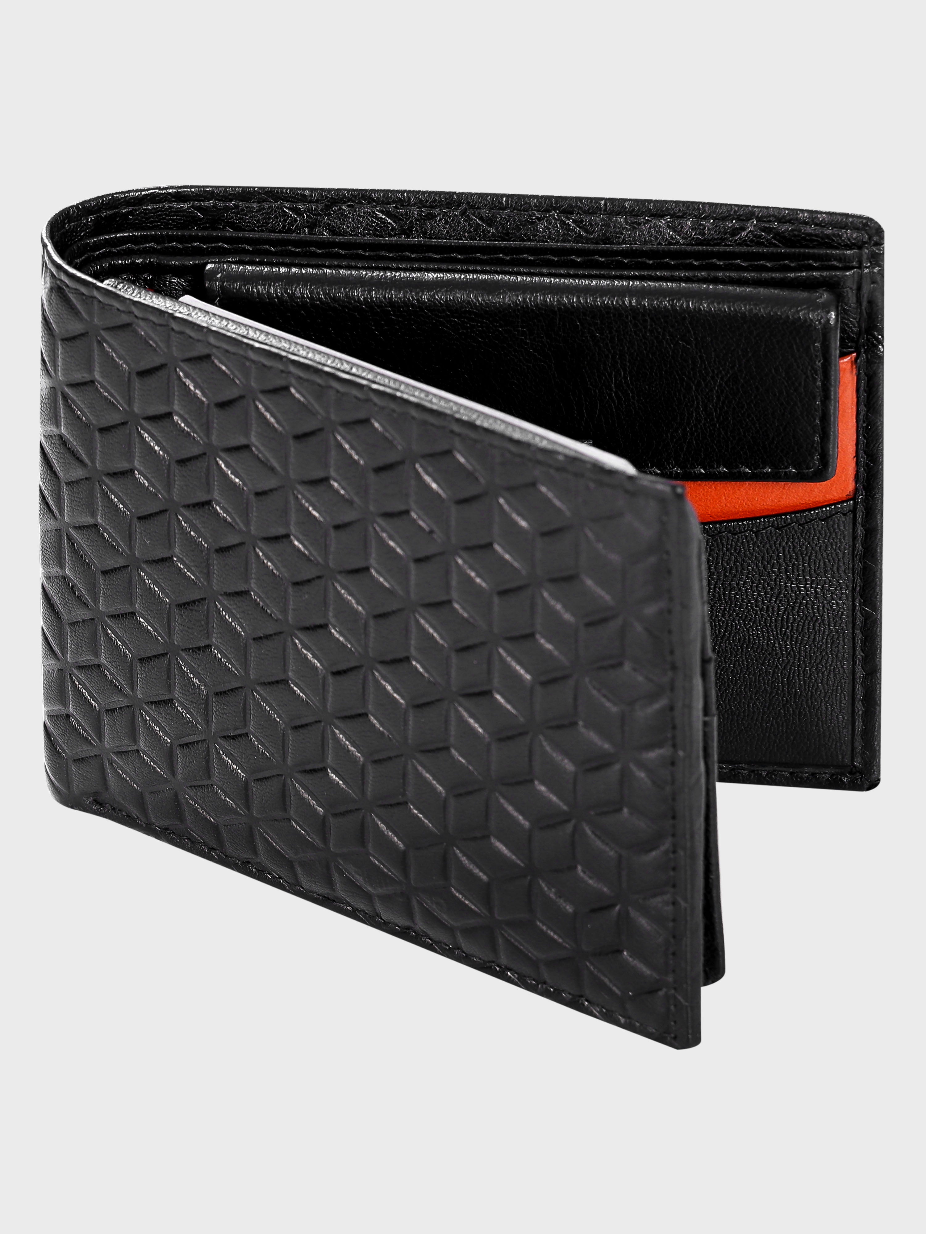 Genuine Leather - Hexagon Print Embossed - Men Leather Wallet