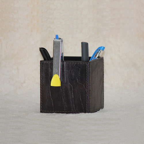 Genuine Leather Crocodile Print Embossed Pen Stand 4" x 4"