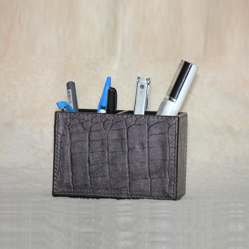 GENUINE LEATHER CROCODILE PRINT EMBOSSED PEN STAND TWIN SLOTS 4 " HEIGHT X 6 " LENGTH