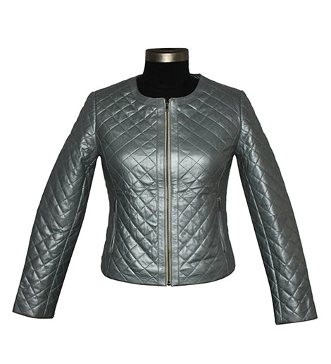 Genuine Leather Quilted Jacket For Women's Color Silver