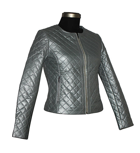 Genuine Leather Quilted Jacket For Women's Color Silver