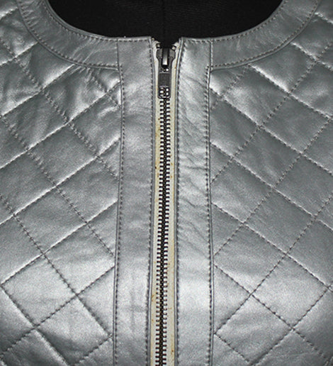 Genuine Leather Quilted Jacket For Women's Color Silver