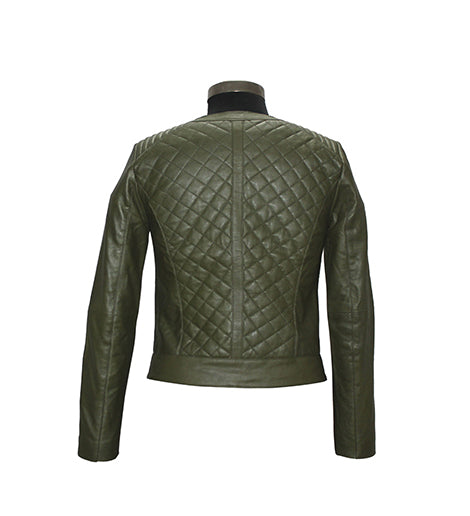 Genuine Leather Quilted Jacket For Women's Olive Color