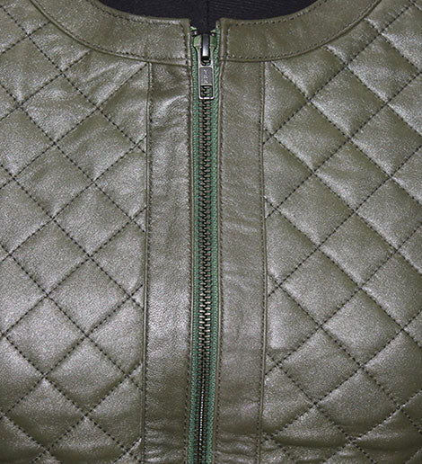 Genuine Leather Quilted Jacket For Women's Olive Color