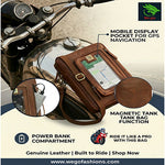 Genuine Leather Messenger Bag For Bikers With Mobile Display Pocket For GPS Navigation With Compartment For Power Bank Charger And Magnetic Back To Hold On The Bikes Petrol Tank