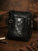 Genuine Leather Messenger Bag For Bikers With Mobile Display Pocket For GPS Navigation With Compartment For Power Bank Charger And Magnetic Back To Hold On The Bikes Petrol Tank