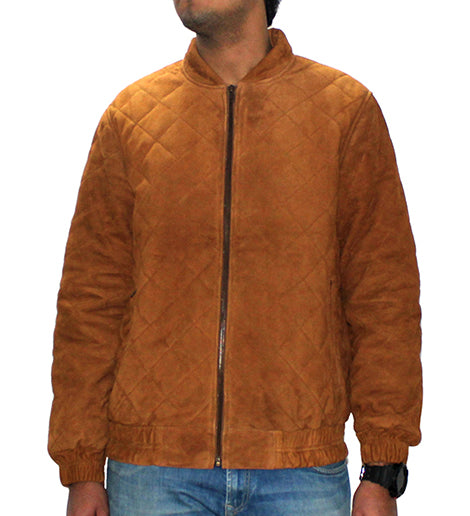 Diamond Design Quilted Genuine Suede Leather Men's Bomber Jacket Color Cognac