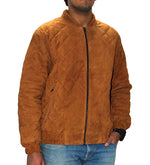 Diamond Design Quilted Genuine Suede Leather Men's Bomber Jacket Color Cognac