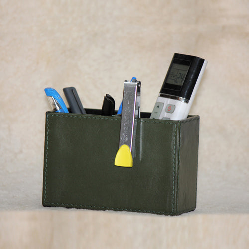 GENUINE LEATHER  PEN STAND TWIN SLOTS 4 " HEIGHT  X 6  " LENGTH