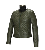 Genuine Leather Quilted Jacket For Women's Olive Color